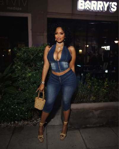 Strapless, neck tied, denim cropped pants set