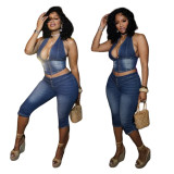 Strapless, neck tied, denim cropped pants set