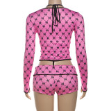 Round neck low cut open navel slim fit shorts set