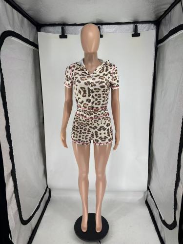 Leopard Zipper Hooded Printed Butt Lifting Short Sleeve Shorts Set, Two Piece