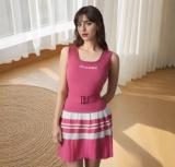 Striped U-neck sleeveless knit pleated jumpsuit short skirt