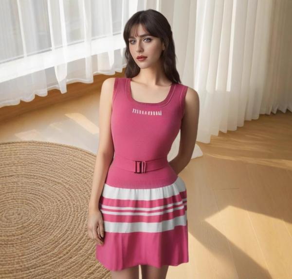 Striped U-neck sleeveless knit pleated jumpsuit short skirt