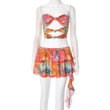 Strapless floral print short skirt set