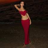 Hollow out camisole vest, hip hugging skirt, knitted set