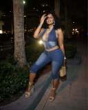 Strapless, neck tied, denim cropped pants set