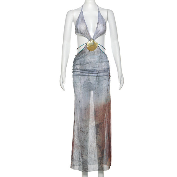 Deep V-neck tie up backless high waisted dress