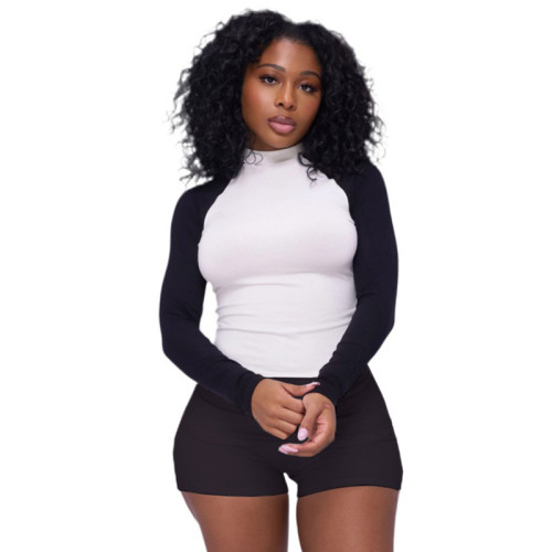 Color blocking long sleeved T-shirt top, flip over shorts two-piece set
