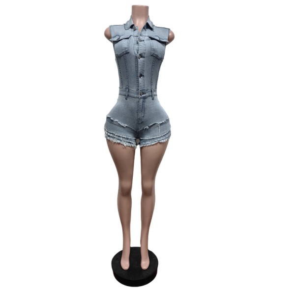 Elastic denim sleeveless slim fit jumpsuit