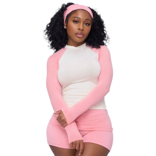 Color blocking long sleeved T-shirt top, flip over shorts two-piece set