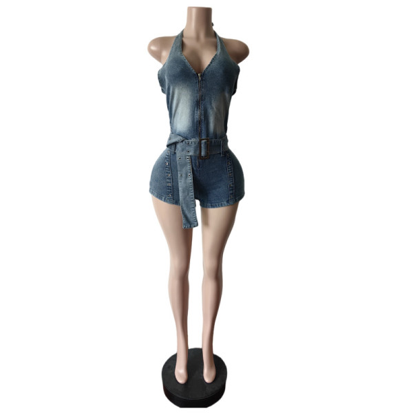 Neck tied elastic jumpsuit shorts