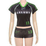 Printed round neck short sleeved T-shirt with drawstring shorts set