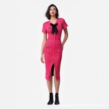 V-neck bow short sleeved button knit slit dress