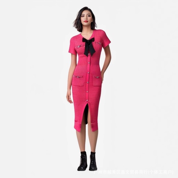 V-neck bow short sleeved button knit slit dress