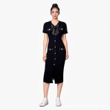 V-neck bow short sleeved button knit slit dress