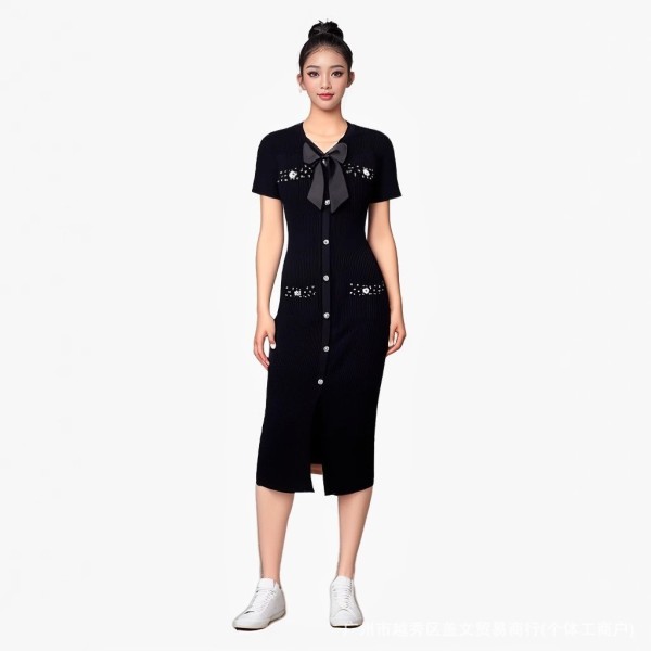 V-neck bow short sleeved button knit slit dress