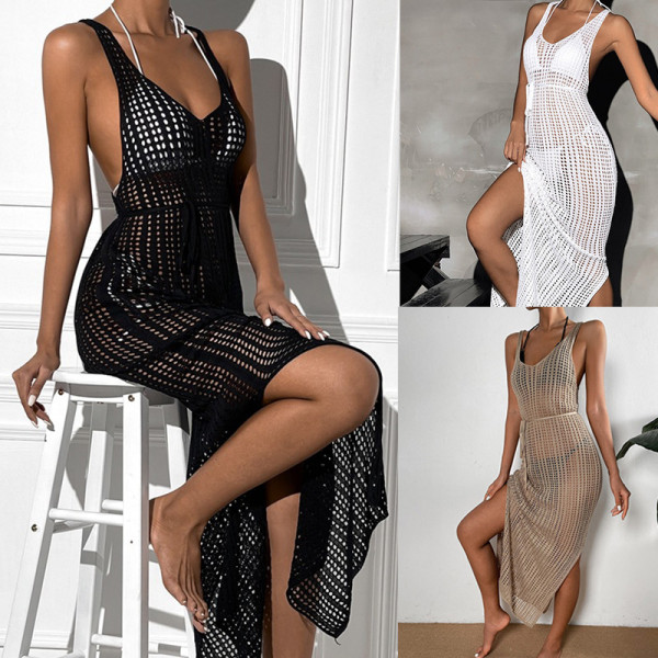 Strap Knitted Hollow Beach Skirt Open Back Split Dress Bikini Hoodie