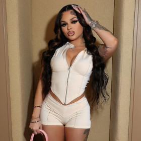 Zipper lapel sleeveless crop top high waisted close fitting shorts set