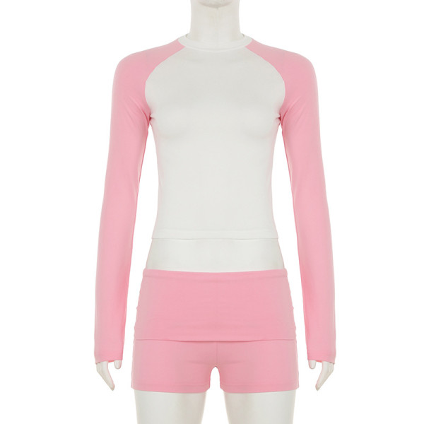 Color blocking long sleeved T-shirt top, flip over shorts two-piece set