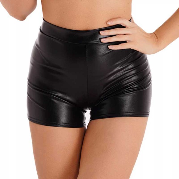 Shiny shorts, tight fitting lacquered leather bag, hip shorts