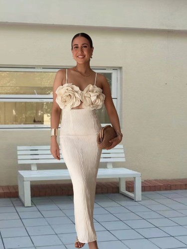 Chest flower thin suspender dress, backless, solid color, waist bag, hip skirt