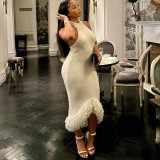 Hanging neck, exposed back, high waist, wrapped buttocks, woolen dress