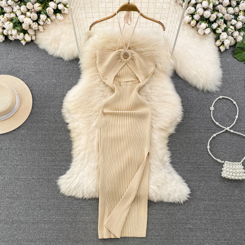 Hanging neck hollow backless sleeveless mid length slit hip hugging knitted dress