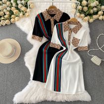 Striped contrasting lapel short sleeved knitted dress
