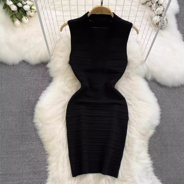 V-neck waist cinched sleeveless knit hip hugging jumpsuit