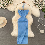 Hanging neck hollow backless sleeveless mid length slit hip hugging knitted dress