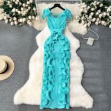 Pleated three-dimensional lotus leaf edge length dress
