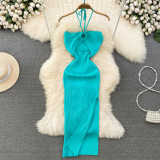 Hanging neck hollow backless sleeveless mid length slit hip hugging knitted dress