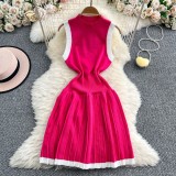 Slim fit sleeveless patchwork pleated knitted vest dress