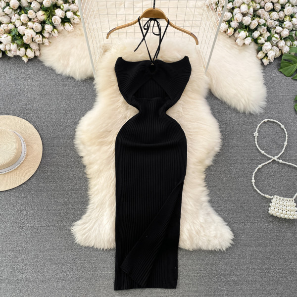 Hanging neck hollow backless sleeveless mid length slit hip hugging knitted dress