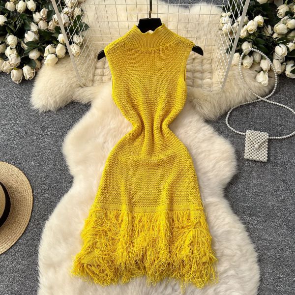 Sleeveless knitted fringed dress
