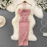 Hanging neck hollow backless sleeveless mid length slit hip hugging knitted dress