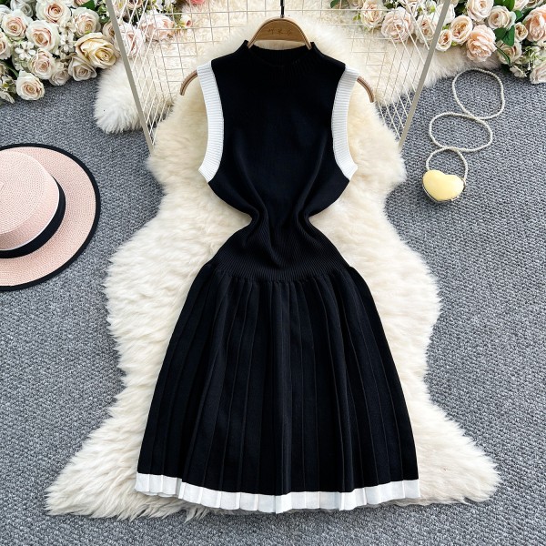 Slim fit sleeveless patchwork pleated knitted vest dress