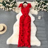 Pleated three-dimensional lotus leaf edge length dress