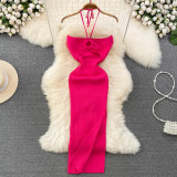 Hanging neck hollow backless sleeveless mid length slit hip hugging knitted dress