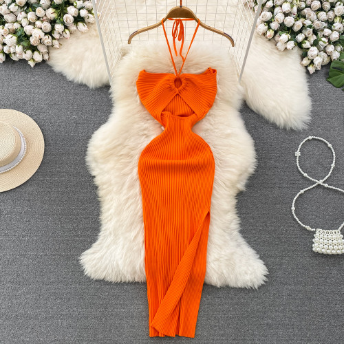 Hanging neck hollow backless sleeveless mid length slit hip hugging knitted dress
