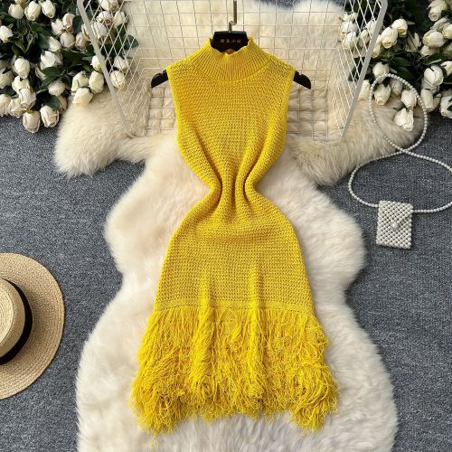 Sleeveless knitted fringed dress