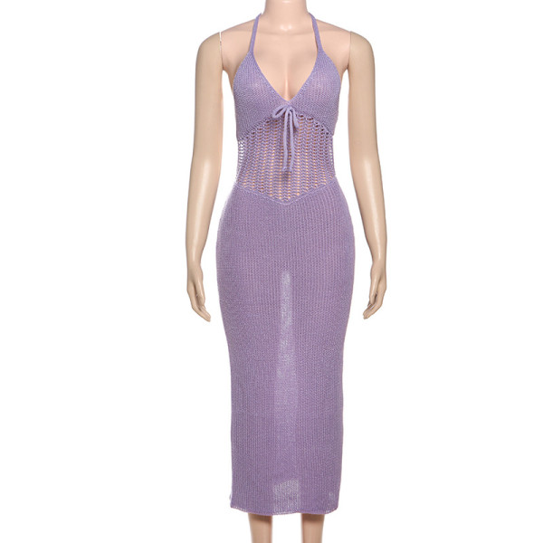 Hanging neck, low cut, backless knitted hollow see through dress