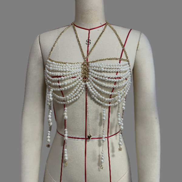 Pearl bead chest chain tassel hanging neck vest top body chain