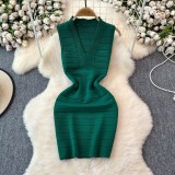 V-neck waist cinched sleeveless knit hip hugging jumpsuit