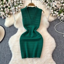 V-neck waist cinched sleeveless knit hip hugging jumpsuit
