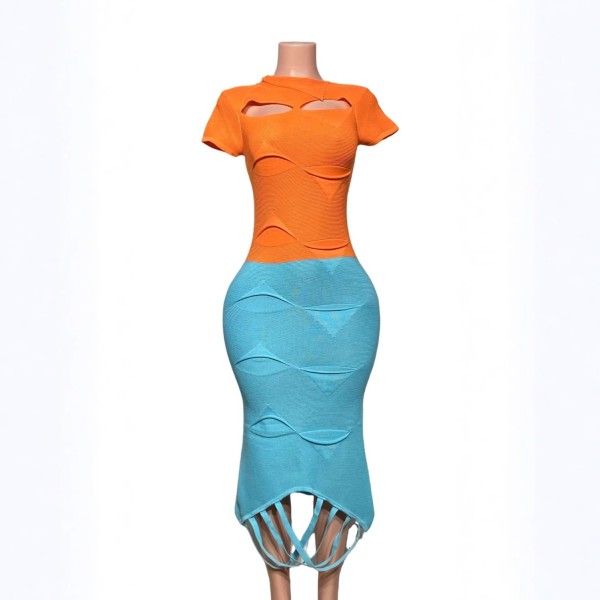 Slant neck tassel hollow out knitted irregular short sleeved dress