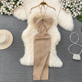 Hanging neck hollow backless sleeveless mid length slit hip hugging knitted dress