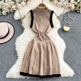 Slim fit sleeveless patchwork pleated knitted vest dress