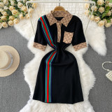 Striped contrasting lapel short sleeved knitted dress