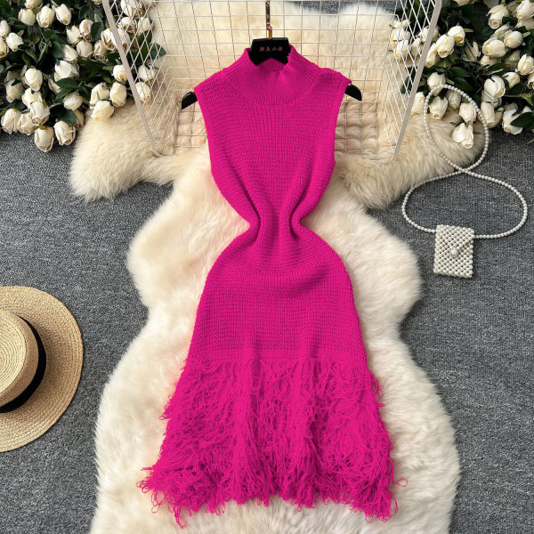 Sleeveless knitted fringed dress