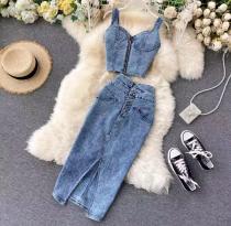 Short tank top, high waisted denim skirt Short tank top, high waisted denim skirt